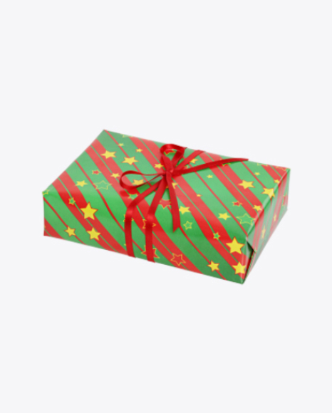 Free Christmas Gift Box Wrapped in Green Paper with Stripes and Stars Pattern