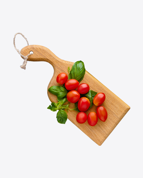 Free Cherry Tomatoes w/ Basil on Wooden Board
